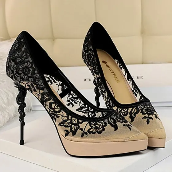 Chic / Beautiful Beige Evening Party Pumps 2019 See-through Lace Flower ...