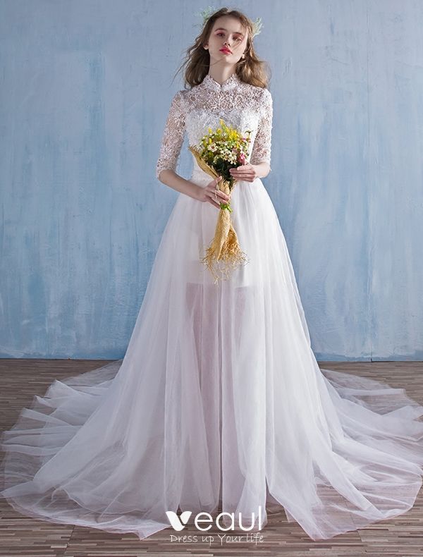 Elegant Beach Wedding Dresses 2016 A Line High Neck Lace Bridal Gown With Detachable Train