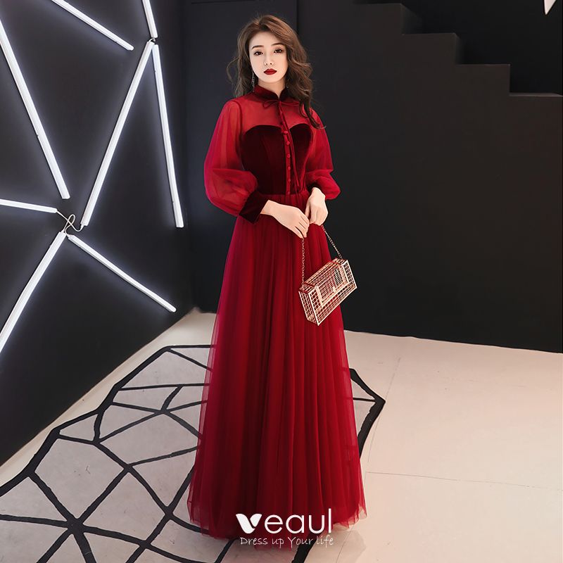 Elegant Burgundy Evening Dresses 2019 A Line Princess High Neck Suede