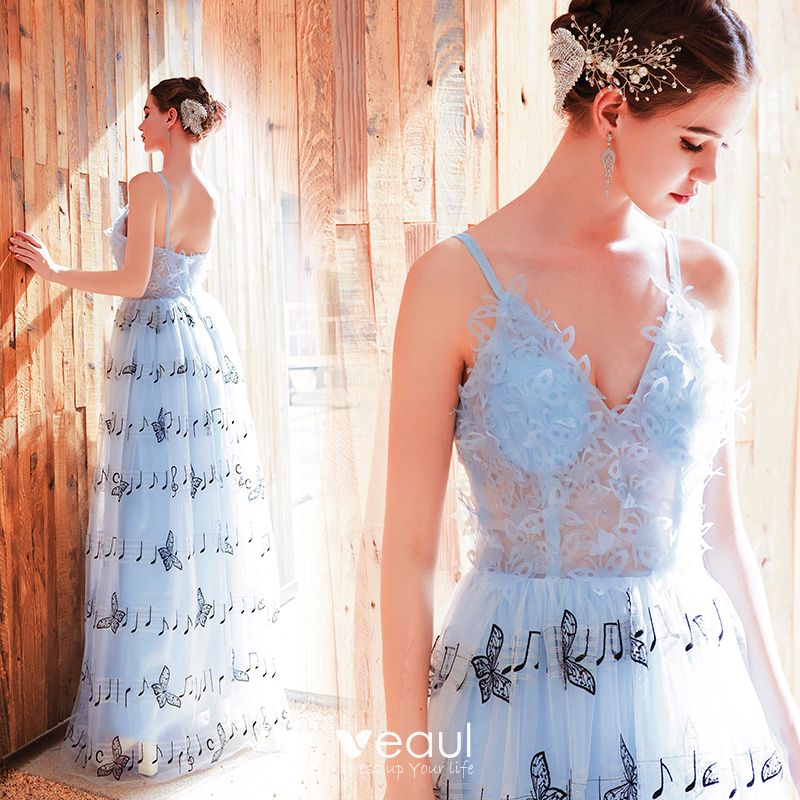 Charming Sky Blue Evening Dresses 2019 A-Line / Princess Spaghetti Straps Butterfly  Appliques Sleeveless Backless Floor