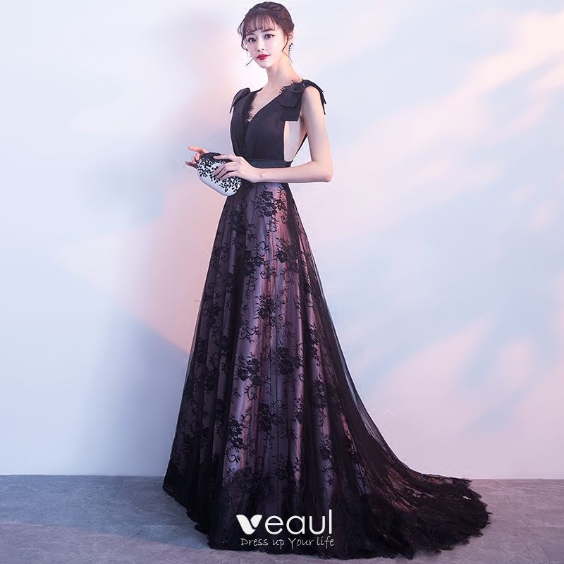 Chic / Beautiful Black Evening Dresses 2017 A-Line / Princess V-Neck ...