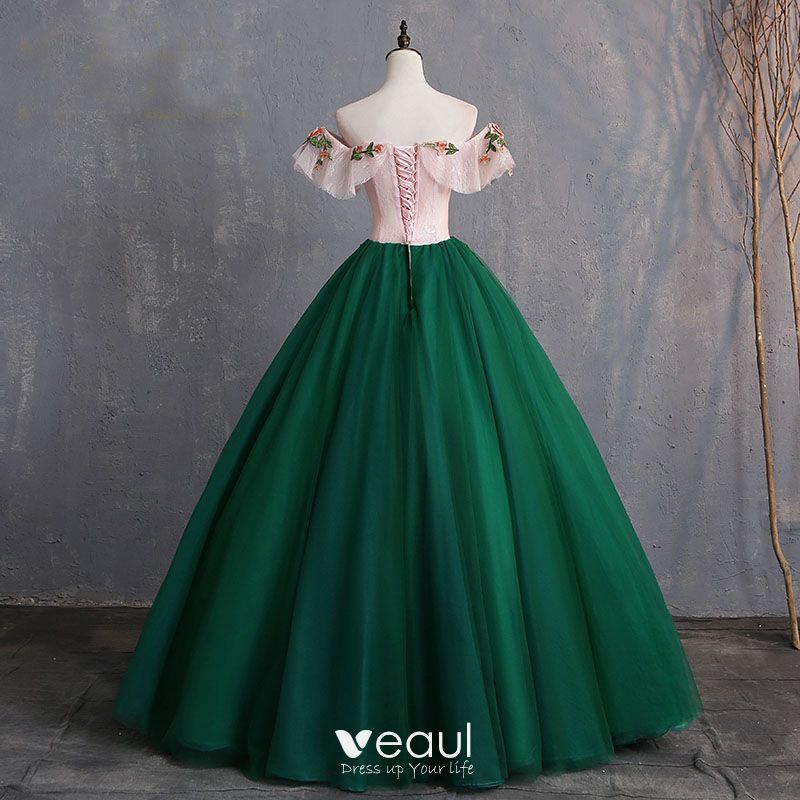 Vintage Retro Dark Green Prom Dresses 19 Ball Gown Appliques Lace Off The Shoulder Short Sleeve