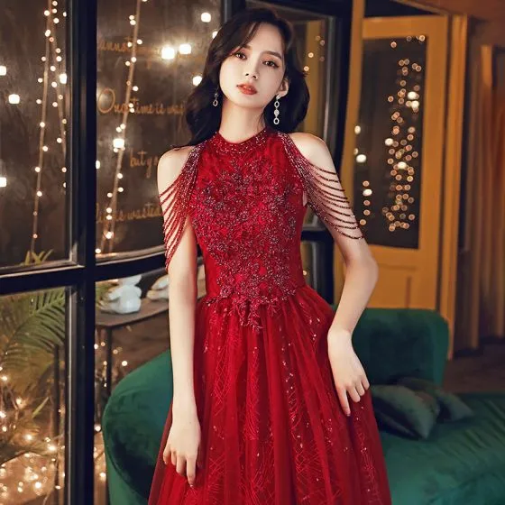 Recreation chat Derive Chic / Beautiful Red Evening Dresses 2020 A-Line / Princess High Neck  Sleeveless Beading Sequins Floor-Length /