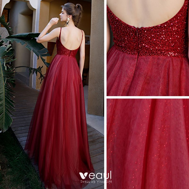 Sexy Burgundy Prom Dresses 2020 A-Line / Princess Spaghetti Straps Deep ...