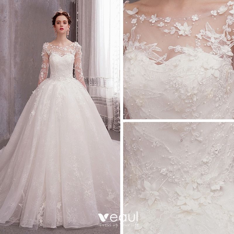 Flower Fairy Ivory See-through Wedding Dresses 2019 Ball Gown Scoop ...