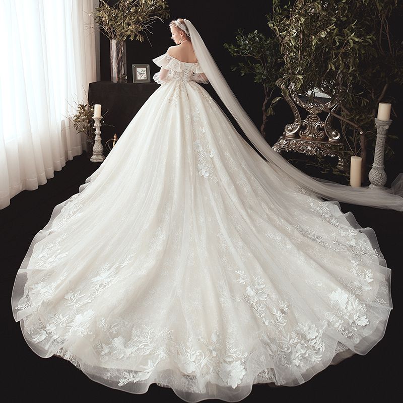 Big Puffy Wedding Dresses With Long Trains Cheap Ball Bridal Custom Made Gown Wedding Dresses