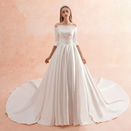 Modest / Simple Ivory Winter Wedding Dresses 2019 A-Line / Princess Off ...