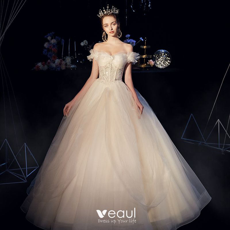 Best Champagne Organza Outdoor / Garden Wedding Dresses 2019 A-Line ...