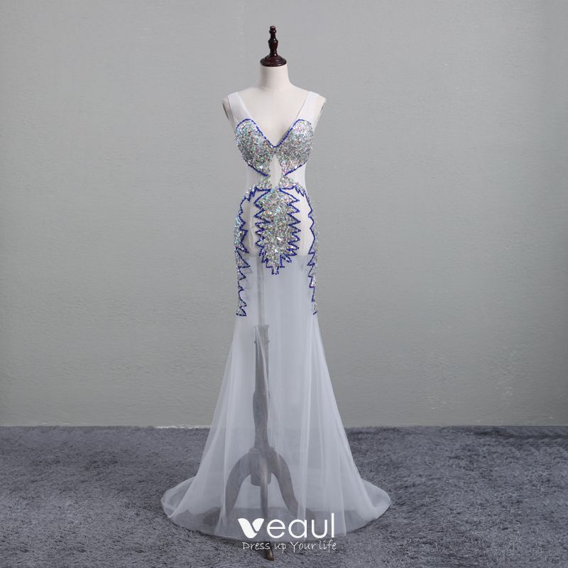 sexy sleeveless deep v sequined evening dress
