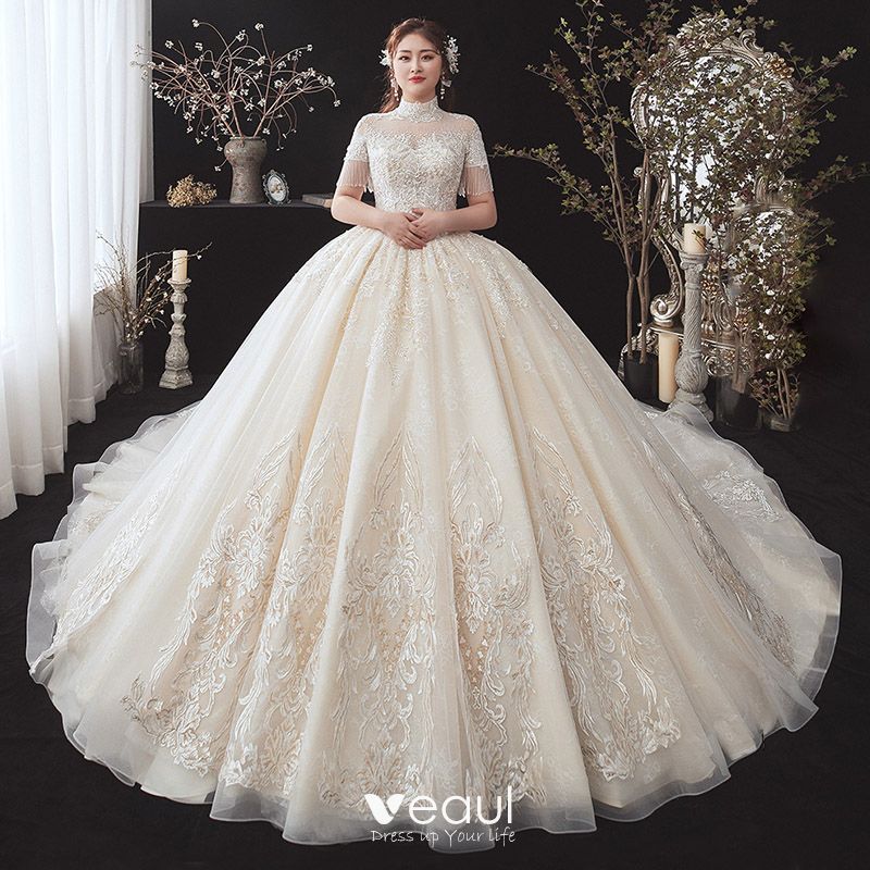 Vintage / Champagne Plus Size Wedding Dresses 2020 See-through High Neck Short Sleeve Beading Appliques Lace Cathedral Train Ruffle