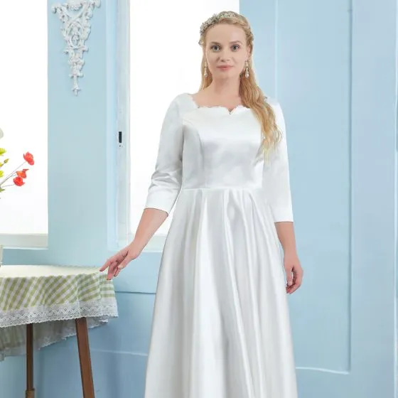 Modest / Simple Ivory Satin Plus Size Wedding Dresses 2021 A-Line ...