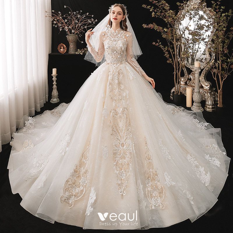 Vintage Retro Ivory Bridal Wedding Dresses 2020 Ball Gown See Through High Neck Long Sleeve 4989