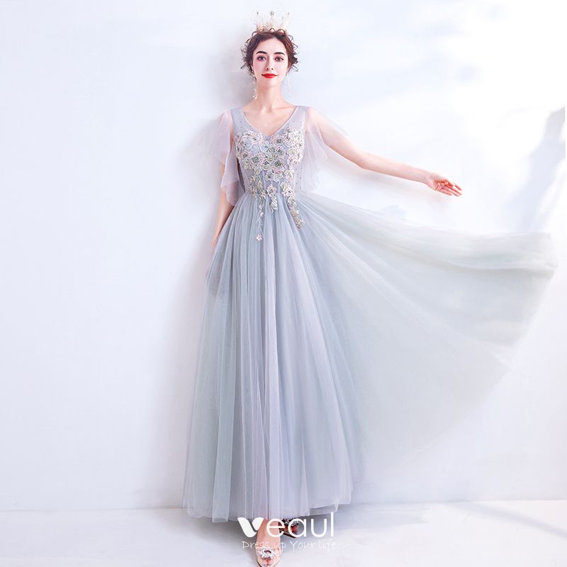Elegant Grey Evening Dresses 2020 A-Line / Princess V-Neck Pearl ...