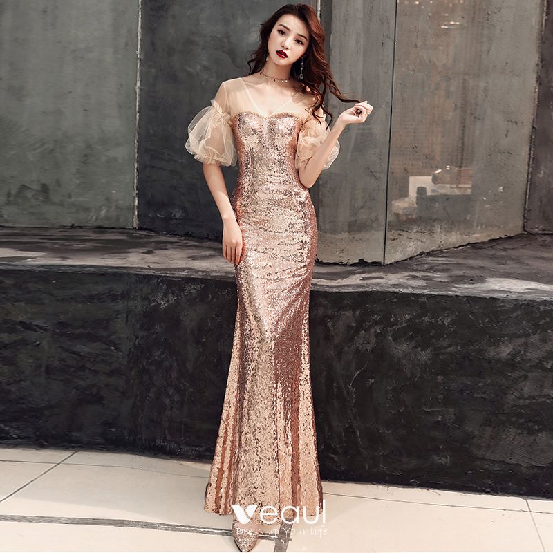 Sparkly Gold Evening Dresses 2019 Trumpet Mermaid V Neck