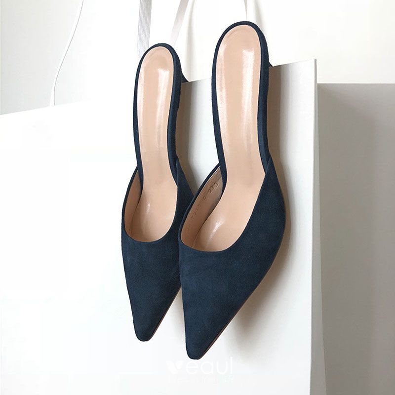 Modest Simple Navy Blue Street Wear Suede Womens Sandals 2020 8 Cm Stiletto Heels Pointed Toe 