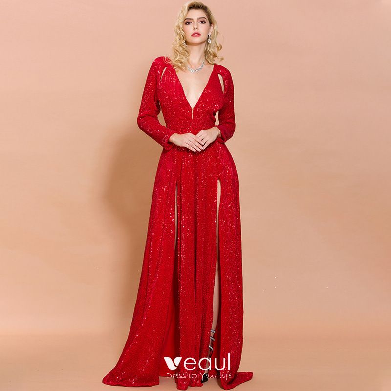 red sequin split dress