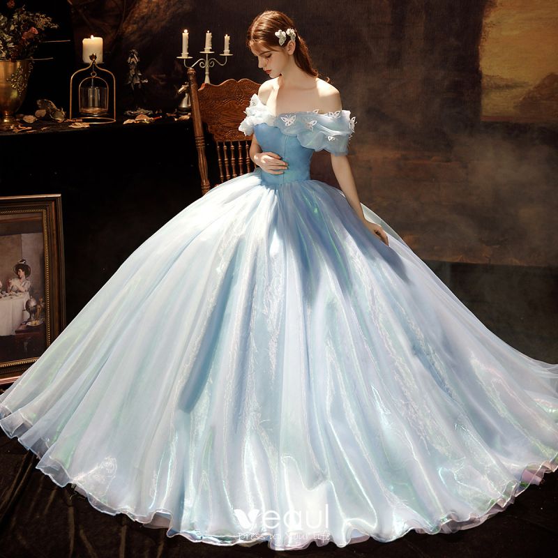 Cinderella Sky Blue Organza Dancing Prom Dresses 2021 Ball Gown Off-The ...