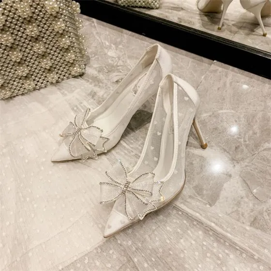 Charming White Wedding Shoes 2020 Rhinestone Bow 10 cm Stiletto Heels ...