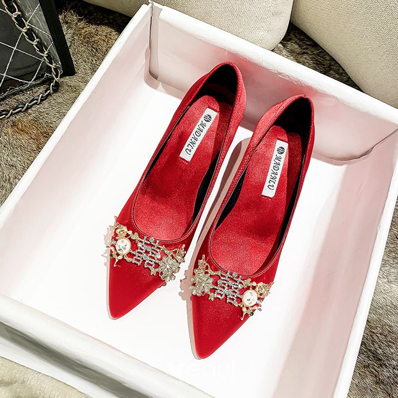 Chinese style Red Satin Rhinestone Wedding Shoes 2021 7 cm Thick Heels ...