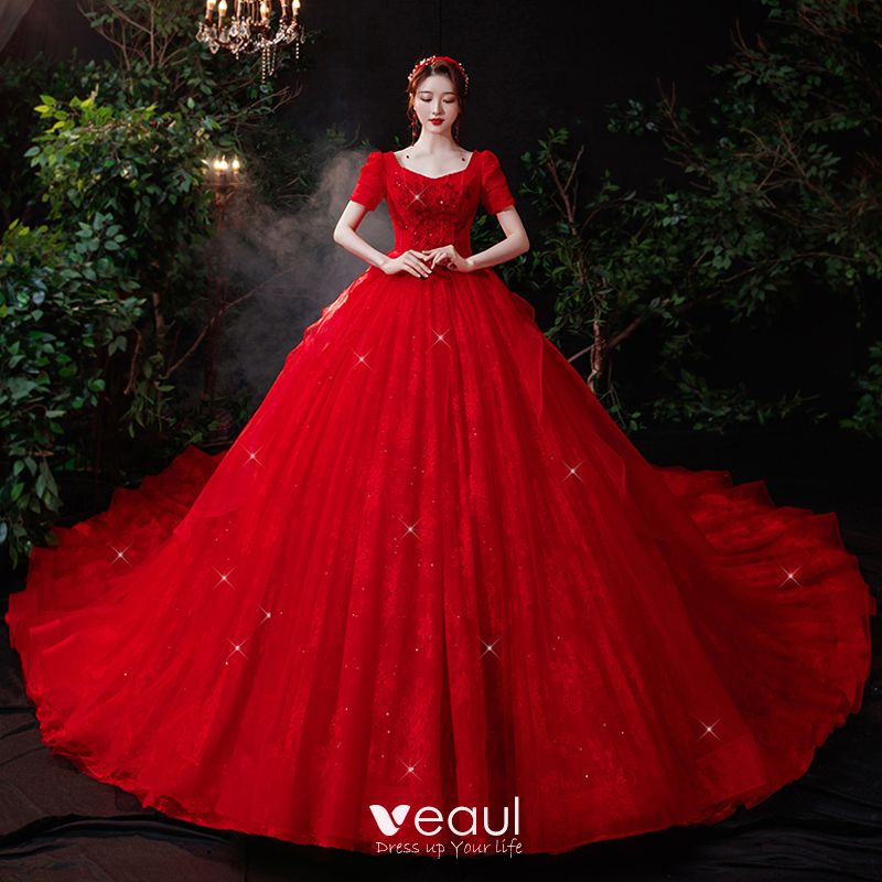 red puffy wedding dress