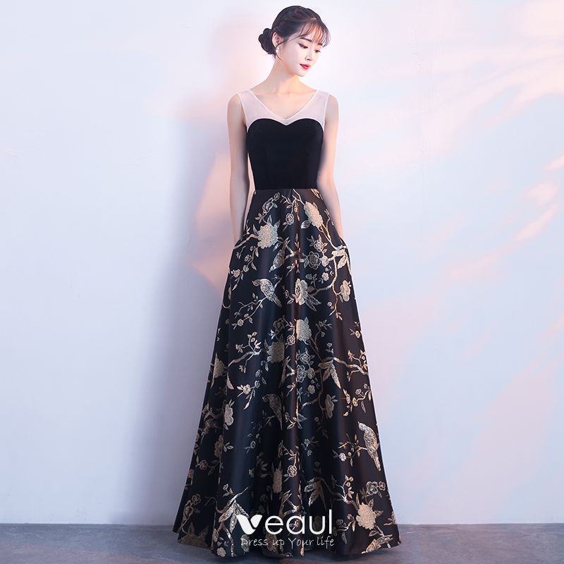 Elegant Black Gold Evening Dresses 2018 A-Line / Princess Embroidered V ...