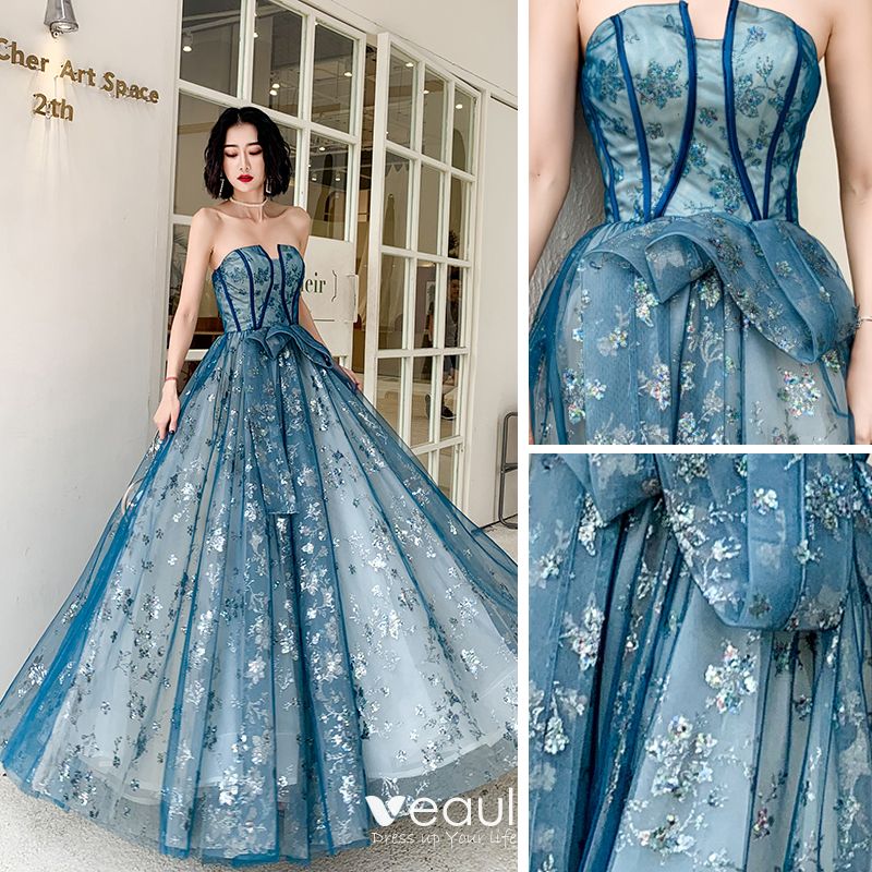 Elegant Ocean Blue Evening Dresses 2020 A-Line / Princess Strapless ...