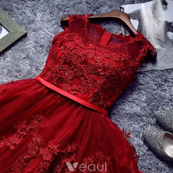 Beautiful Red Cocktail Dress 2016 Short Lace Party Dress With Sash