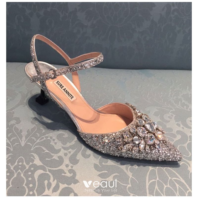 Sparkly Silver Wedding Shoes 2020 Ankle Strap Rhinestone Sequins 5 cm ...