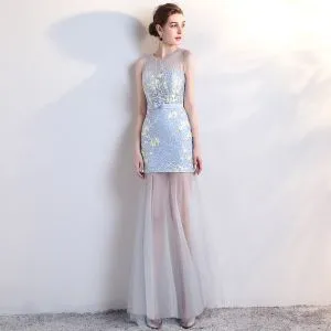 Modern / Fashion Sky Blue Party Dresses 2017 Trumpet / Mermaid Scoop Neck Sleeveless Backless Pierced Appliques Lace Sweep Train Formal Dresses
