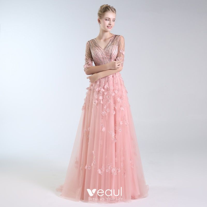 Luxury Gorgeous Blushing Pink Handmade Beading Evening Dresses 2019 A Line Princess V Neck