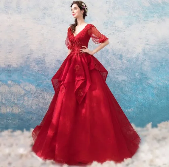 Amazing / Unique Red Floor-Length / Long Prom Dresses 2018 1/2 Sleeves ...