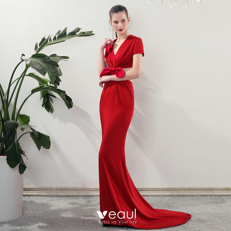 Moda Rojo Vestidos de noche 2019 Trumpet Mermaid V Cuello Manga