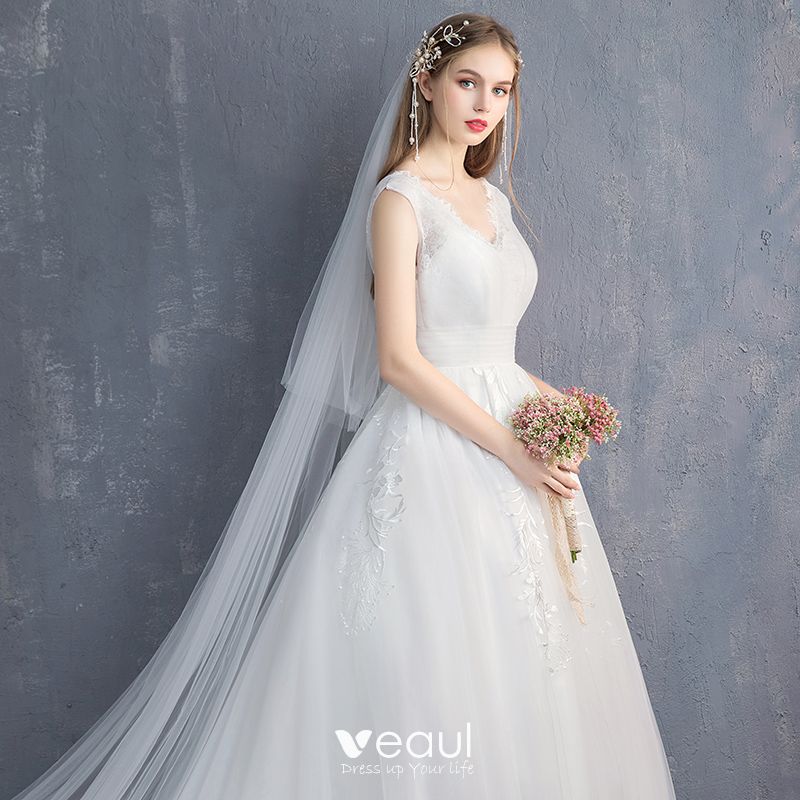 Chic / Beautiful White Wedding Dresses 2019 A-Line / Princess V-Neck ...