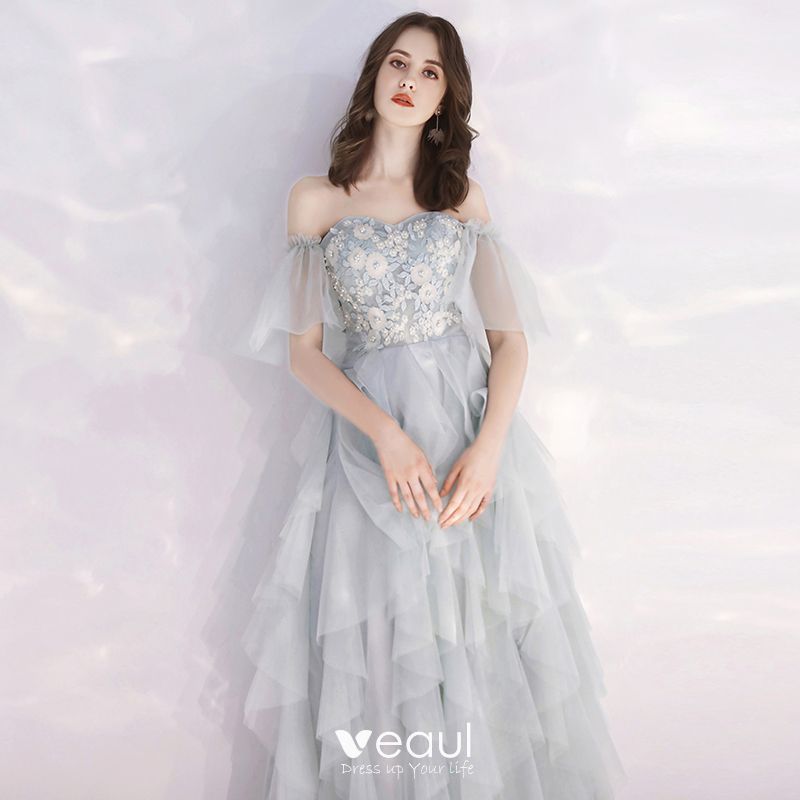 Affordable Grey Sky Blue Evening Dresses 2019 A-Line / Princess Off-The ...