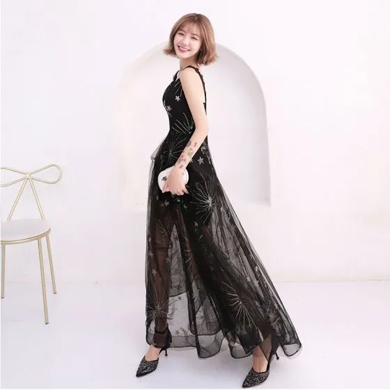 Affordable Summer Black Evening Dresses With Shawl 2018 Empire Shoulders Sleeveless Embroidered Floor-Length / Long Ruffle Backless Formal Dresses