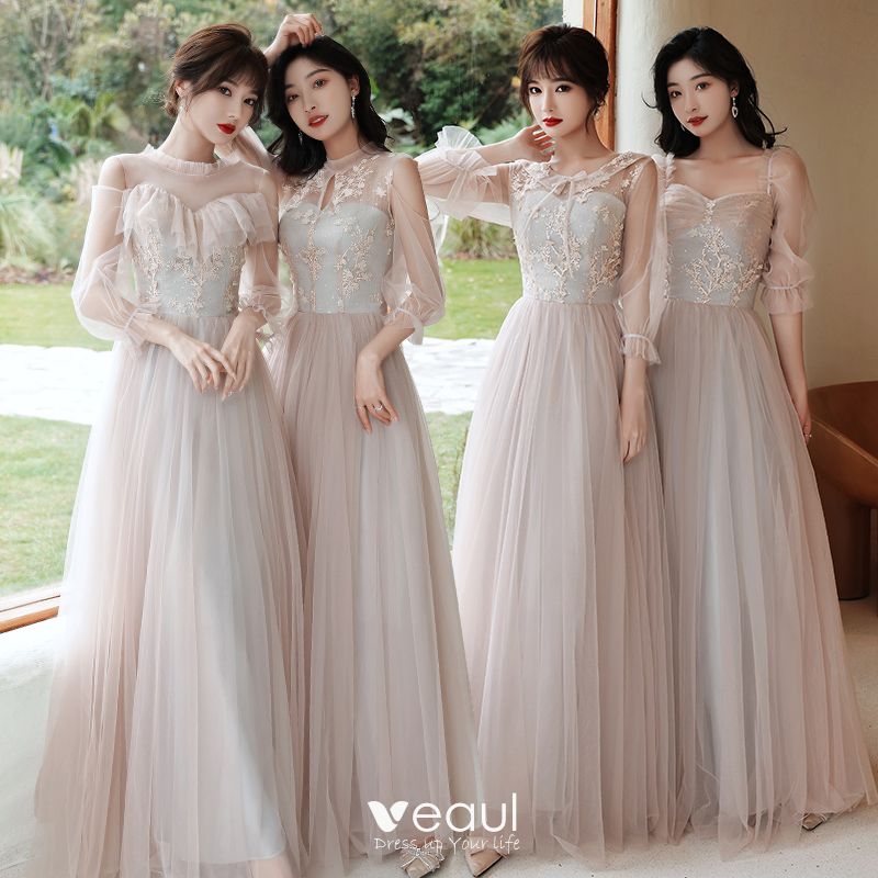 Fashion Pearl Pink Bridesmaid Dresses 2021 A-Line / Princess Scoop Neck ...