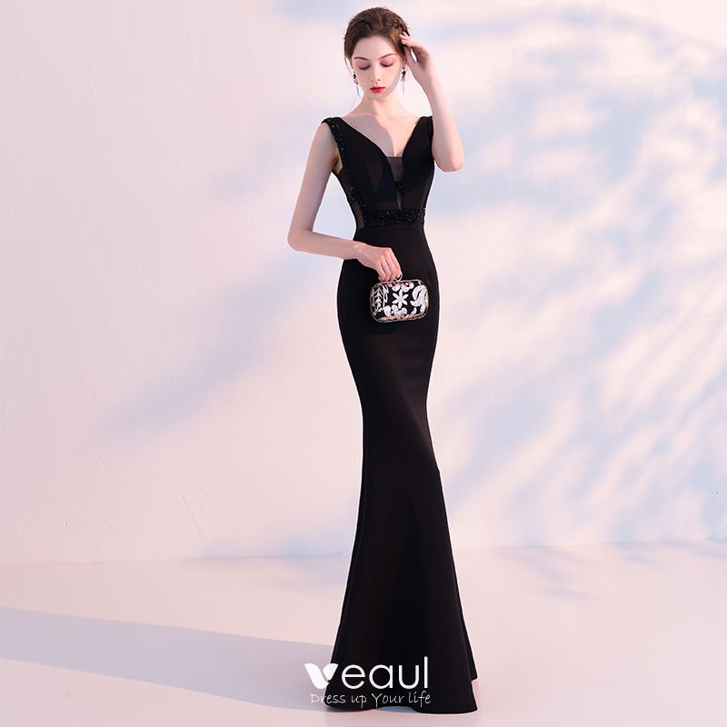 Sexy Black Evening Dresses 2018 Trumpet / Mermaid See-through V-Neck ...