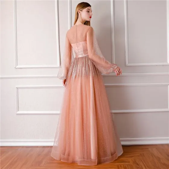 Bling Bling Orange See-through Evening Dresses 2019 A-Line / Princess ...