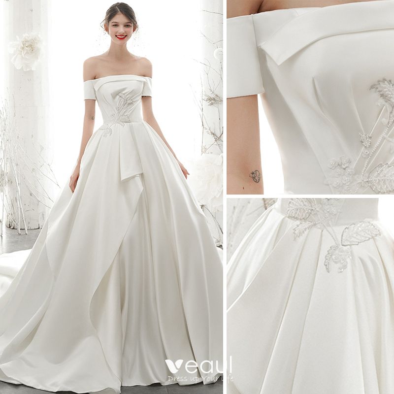 High-end Ivory Satin Wedding Dresses 2020 A-Line / Princess Off-The ...