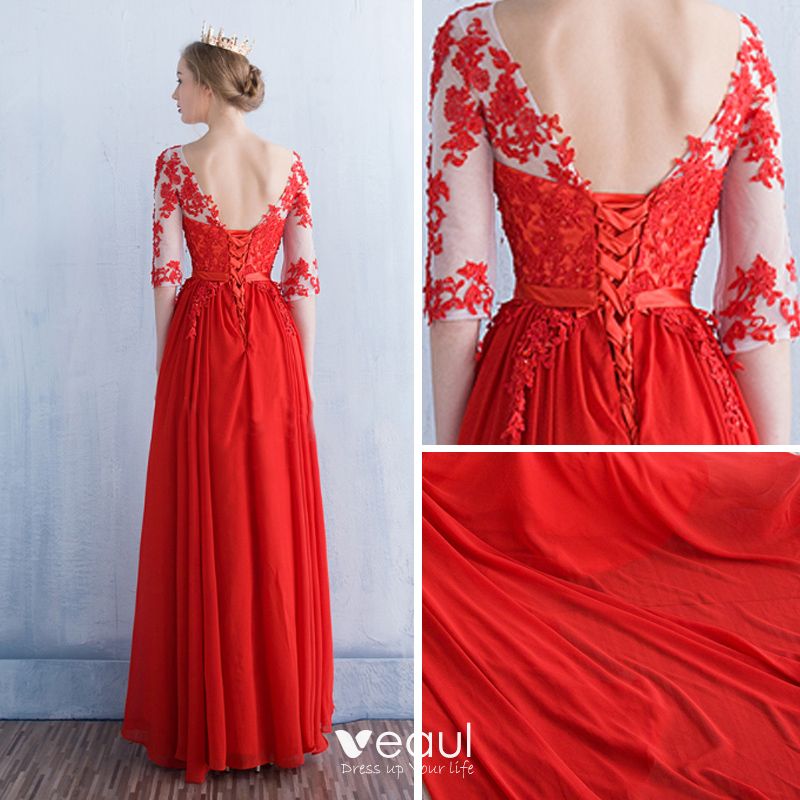 Modern Fashion Red See Through Evening Dresses 2018 A Line Princess Scoop Neck 12 Sleeves 