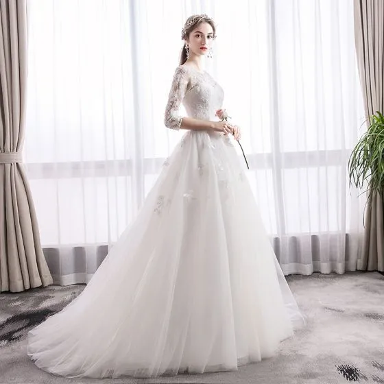 Elegant Ivory Wedding Dresses 2019 A-Line / Princess Scoop Neck Sequins ...