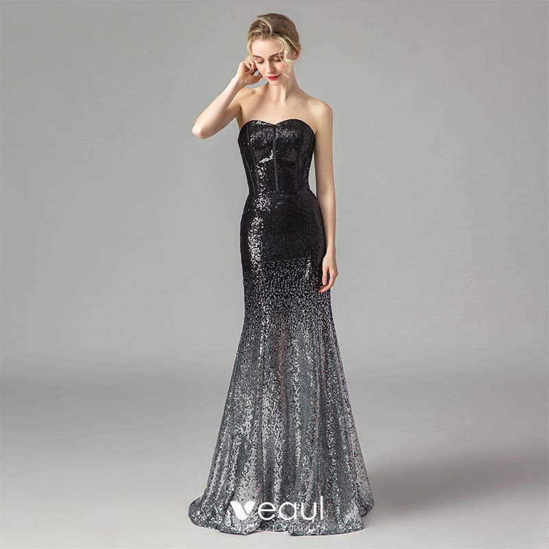Sparkly Black Gradient-Color Silver Sequins Corset Evening Dresses 2021 ...