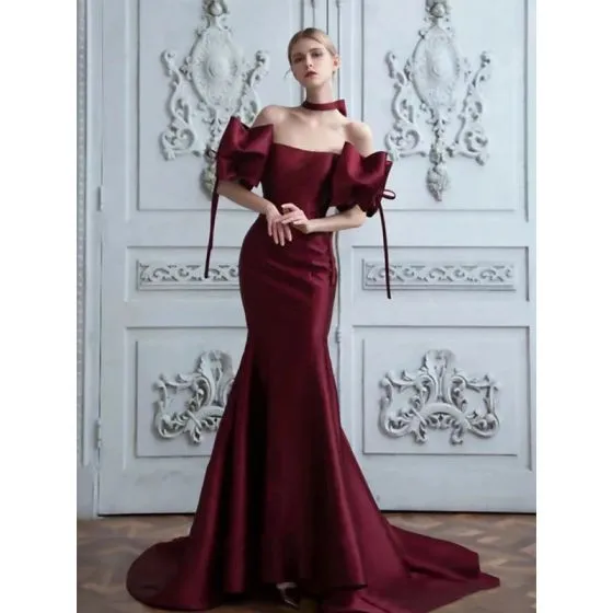 Charming Burgundy Satin Evening Dresses 2022 Trumpet / Mermaid Off-The ...