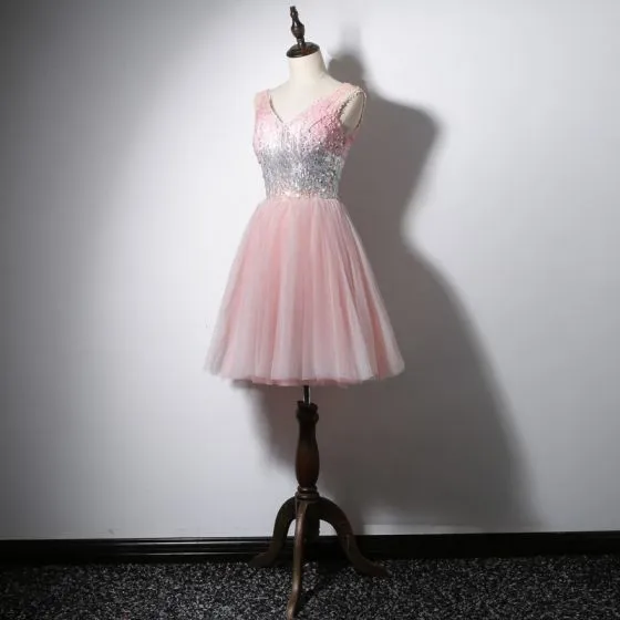 Lovely Candy Pink Cocktail Dresses 2020 A-Line / Princess V-Neck ...