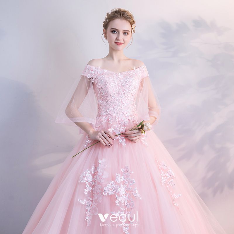 Chic / Beautiful Candy Pink Puffy Prom Dresses 2018 Ball Gown Lace ...