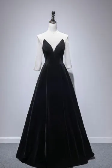Modest / Simple Black Velour Winter Evening Dresses 2020 A-Line ...