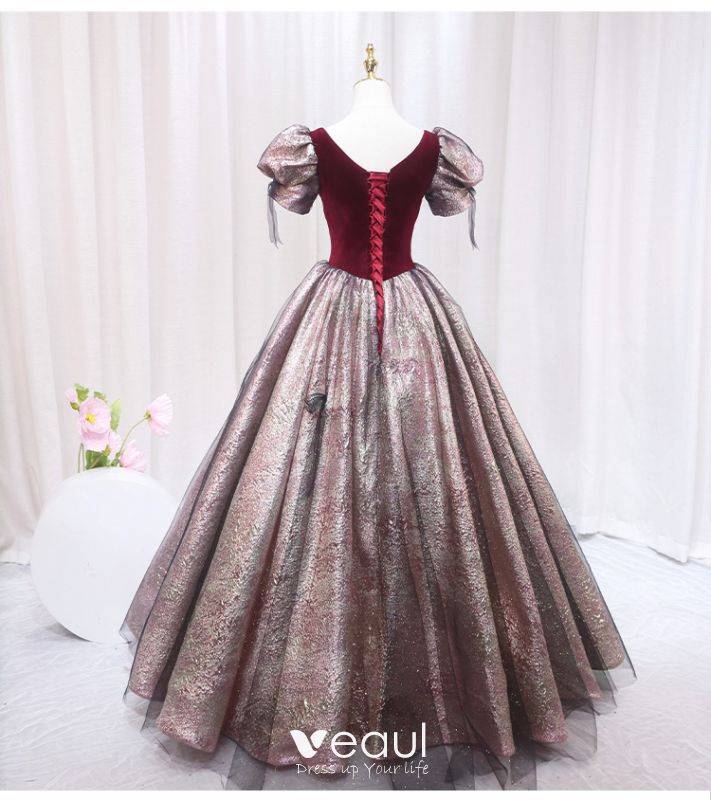 Elegant Burgundy Glitter Prom Dresses 2024 Ball Gown Square Neckline   Elegant Burgundy Glitter Prom Dresses 2024 Ball Gown Square Neckline Puffy Short Sleeve Backless Floor Length Long Prom Formal Dresses 800x800 