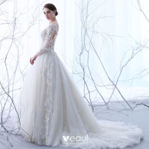 Elegant Wedding Dresses Long Sleeves Scoop Neck Sweep Train Lace