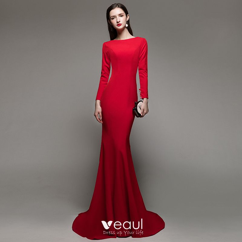 red evening dress long sleeve
