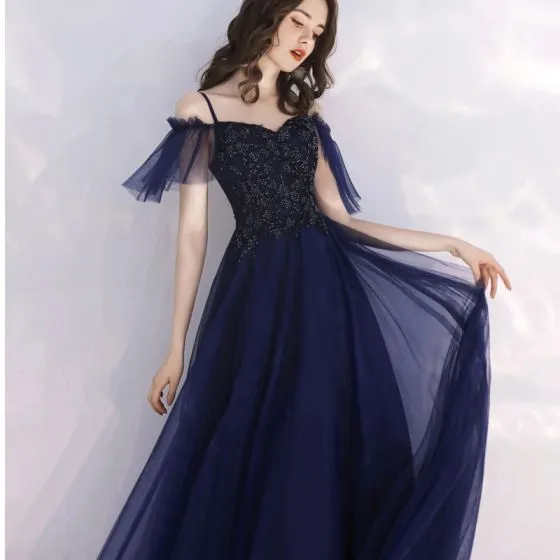 Affordable Navy Blue Evening Dresses 2019 A-Line / Princess Spaghetti ...
